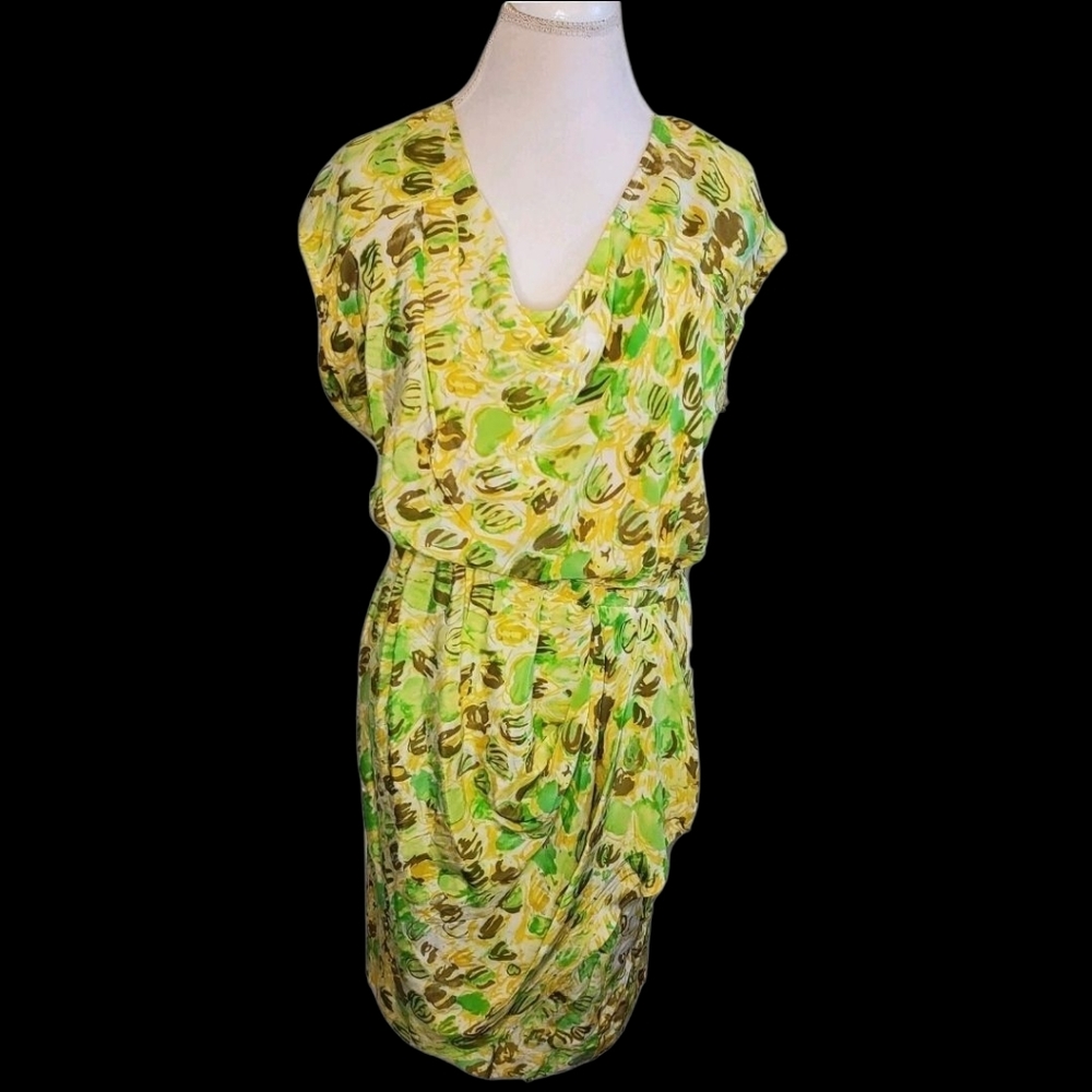 Womens Silk Dress‎ Yellow Sz M Floral Watercolor Draped Colorful Knee Length